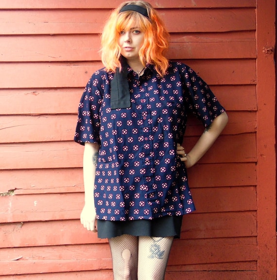 70s Arrow Navy Nylon Geometric Short Sleeve Disco… - image 1