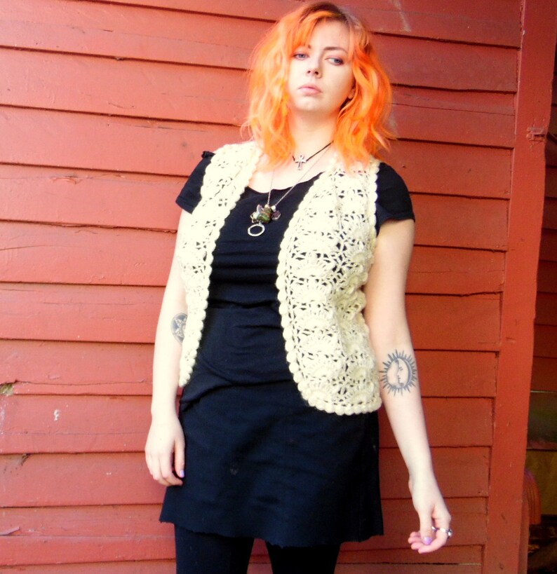 60s/70s Cream Crochet Hand Knit Hippie Boho Granny Chic Vest S Etsy