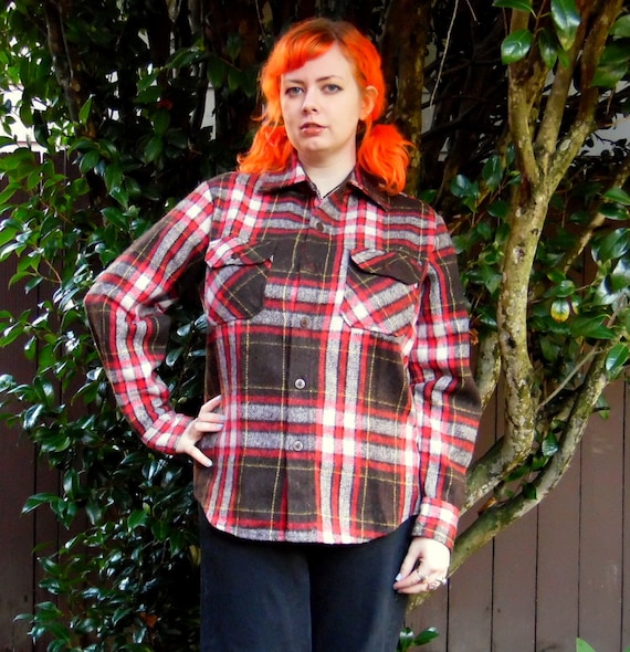 70s/80s Black and Red Plaid Wool Blend Timber Run… - image 1