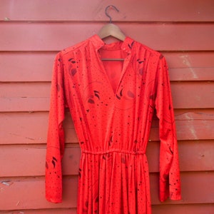 80s Abstract Geometric Print Midi Retro Long Sleeve Secretary Dress M