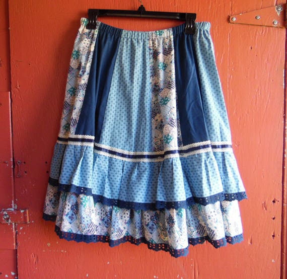 70s/80s Blue Skies Patchwork Prairie Skirt Hippie… - image 3