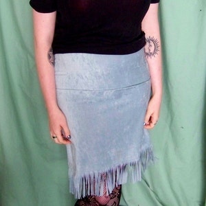 70s Sky Blue Fringe Velvety Stretch Pencil Skirt M