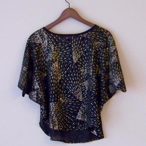 70s/80s Golden Sparkle Geometric Triangle Pattern Firework Sheer Dolman Top L image 3