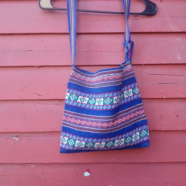 Vintage Blue Woven Boho Shoulder Bag Hippie Folk Purse Day Bag