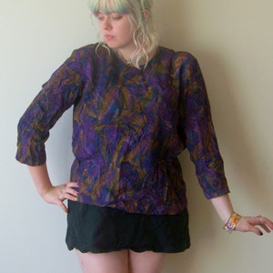 80s Purple Paisley Hippie Boho Psychedelic Three Quarter Sleeve Top M