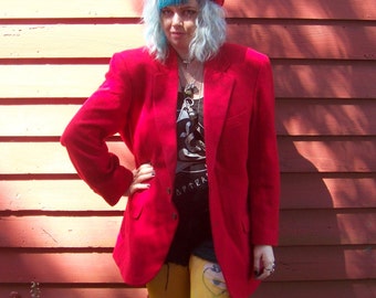 80s Cherry Apple Red Mohair Stafford Blazer Suit Jacket Unisxex Hip Hop XL