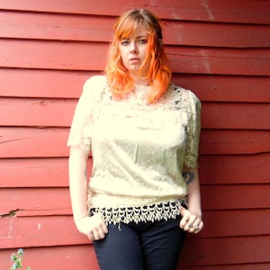 70s/80s Jessica McClintock Lace and Floral Boho Prairie Silk Blouse Bride Bridal Summer Unique Wedding Womens 12