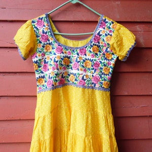 Vintage Yellow Embroidered Floral Polka Dot Mexican Summer Party Dress XS