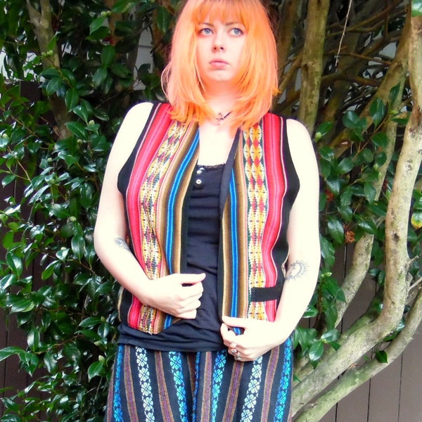 Vintage Neon Mexican Hippie Ethnic Boho Traditional Western Southwestern Ikat Woven Vest L