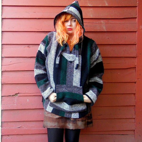 80s/90s Green and Gray Scale Drug Rug Hippie Stoner Saddle Blanket Hoodie Pullover Sweater L