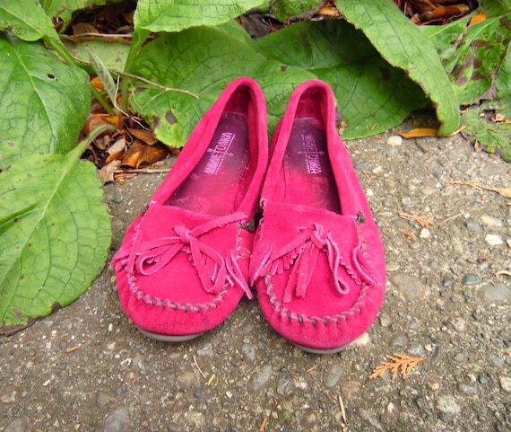 90s Raspberry Suede Minnetonka Moccasins Hippie B… - image 1