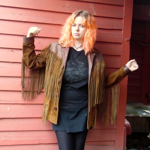 60s/70s Chocolate Suede and Leather Fringe Hippie Boho Western Festival Satin Lined Jacket M L