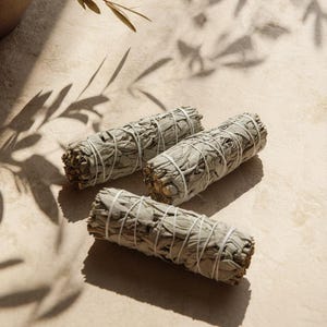 Peut inclure: Trois fagots de sauge blanche séchée, solidement liés avec de la ficelle blanche. Les fagots de sauge sont disposés sur une surface beige clair, avec des ombres de feuilles. La sauge est de couleur vert-gris clair.