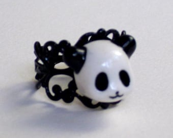 Cute hand painted black and white panda, antique brass adjustable ring a nice gift for the people you love, a gift for her, girlfriend