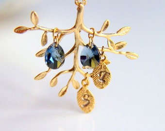 Elegant Tree Branch Necklace: Gold plated  tree branch necklace, with smoke blue colored swarovski crystals customizable leaves  initials