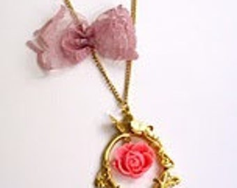 Gold plated frame pendant pink resin rose pink lace