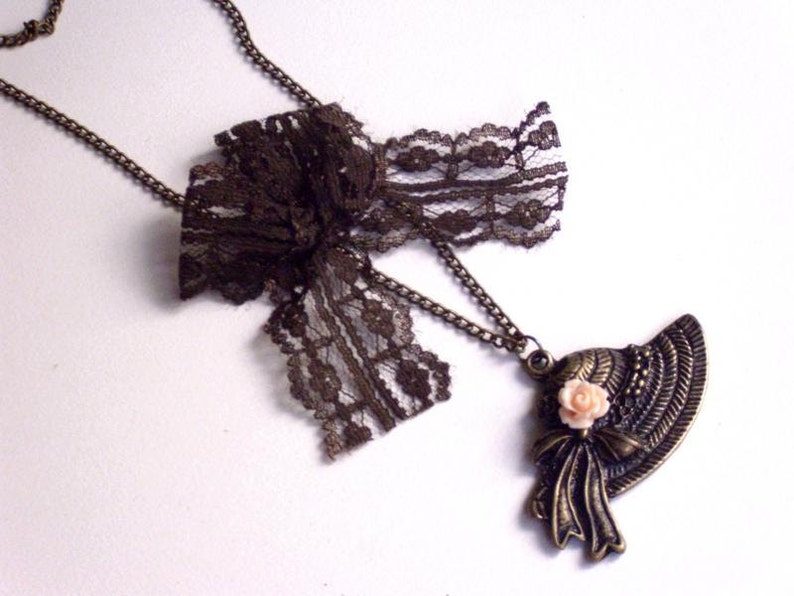 Vintage style hat necklace, lace, antique, brass, cabochon image 2