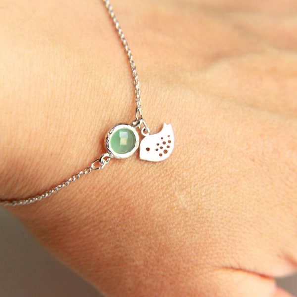 Little Bird Bracelet: Rhodium plated twitter bird charm bracelet with ice blue faceted crystal, a perfect gift for her with minimalist style