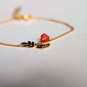 Gold Plated Bracelet: Tiny twitter bird, leaves and pink spring blossom a nice gift for mothers day valentines christmas wedding image 2