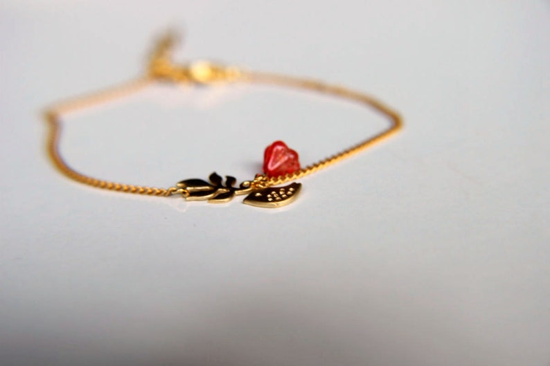 Gold Plated Bracelet: Tiny twitter bird, leaves and pink spring blossom a nice gift for mothers day valentines christmas wedding image 2