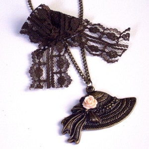 Vintage style hat necklace, lace, antique, brass, cabochon image 1