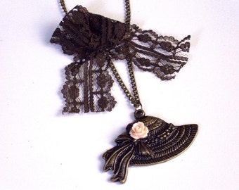 Vintage style hat necklace, lace, antique, brass, cabochon