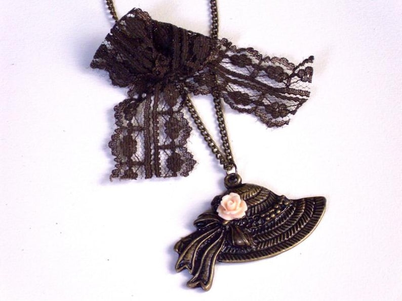 Vintage style hat necklace, lace, antique, brass, cabochon image 1