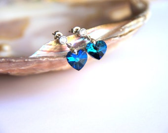 Earrings rhodium plated hooks with blue  hearth swarovski crystal, and zircon, wedding, bridesmaid, christmas, valentine's, mother's day.