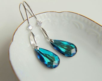 Earrings: Blue swarovski crystals with zirkon crystals, rhodium plated  hooks gift for  wedding, valentine's mother's day