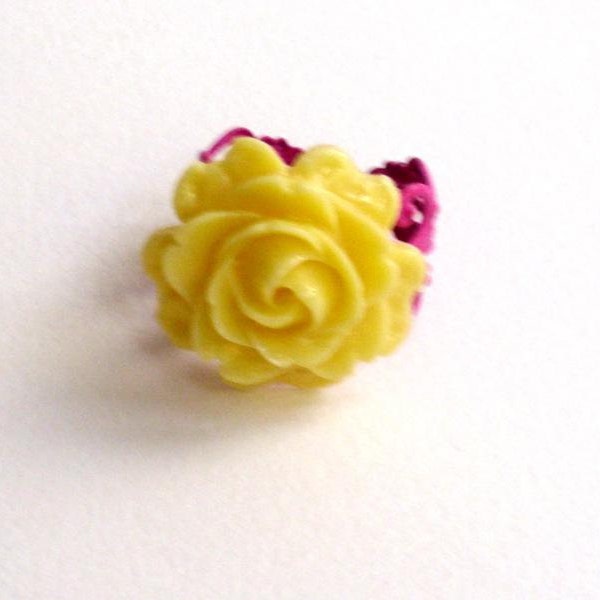 Yellow rose, pink filigree,adjustible ring, resin flower ring, cabochon ring,