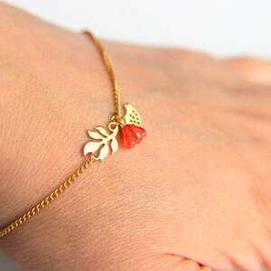 Gold Plated Bracelet: Tiny twitter bird, leaves and pink spring blossom a nice gift for mothers day valentines christmas wedding image 3