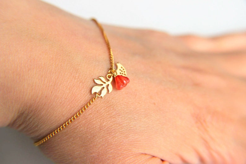 Gold Plated Bracelet: Tiny twitter bird, leaves and pink spring blossom a nice gift for mothers day valentines christmas wedding image 3