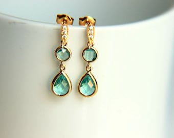 Green teardrop dangle earrings: Teardrop crystal dangle earrings with gold plated, filled studs. A nice gift for wedding, brides, brides