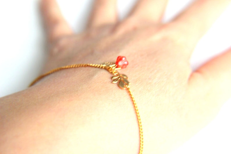 Gold Plated Bracelet: Tiny twitter bird, leaves and pink spring blossom a nice gift for mothers day valentines christmas wedding image 4