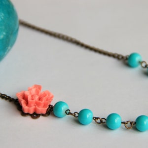 Turquoise beaded adjustable necklace with pink flower antique brass chain necklace gift for her necklace, wedding necklace, bridesmaid image 1