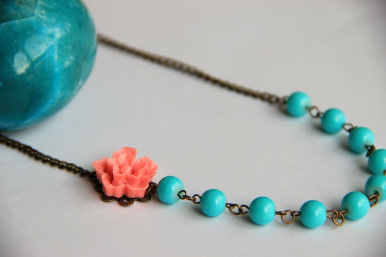 Turquoise beaded adjustable necklace with pink flower antique brass chain necklace gift for her necklace, wedding necklace, bridesmaid image 1