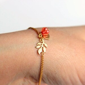 Gold Plated Bracelet: Tiny twitter bird, leaves and pink spring blossom a nice gift for mothers day valentines christmas wedding image 5