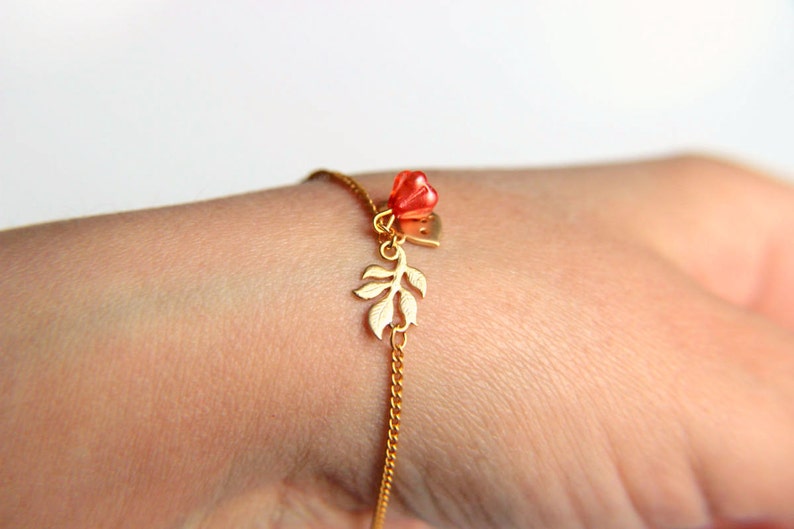 Gold Plated Bracelet: Tiny twitter bird, leaves and pink spring blossom a nice gift for mothers day valentines christmas wedding image 5