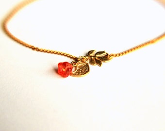 Gold Plated Bracelet:  Tiny twitter bird, leaves and pink spring blossom a nice gift for mothers day valentines christmas wedding