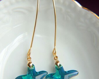 Starfish Earrings: Gold plated brass earring hooks, blue star swarovski crystal, earrings hooks gift for valentine's mother's day, dangle