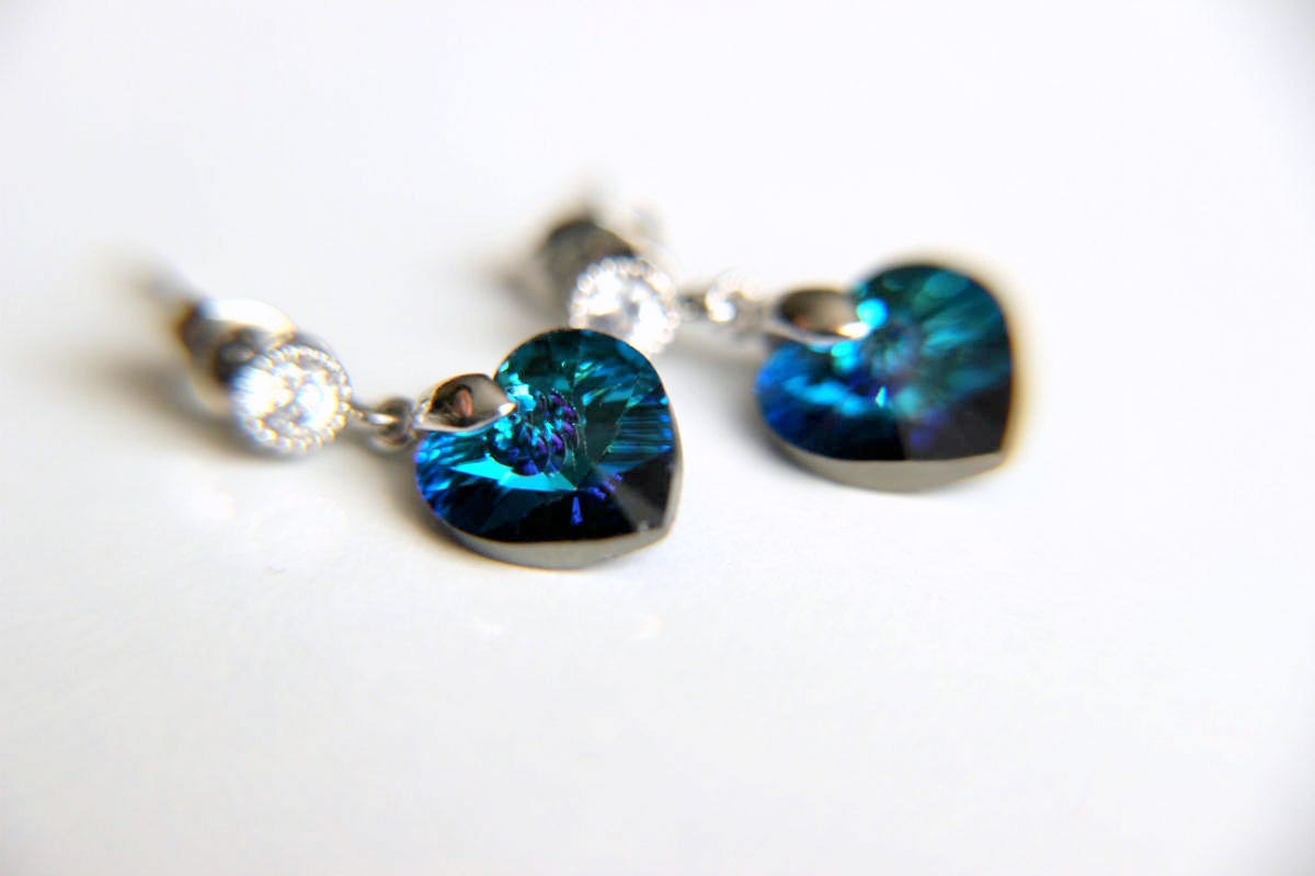 Earrings Rhodium Plated Hooks With Blue Hearth Swarovski - Etsy