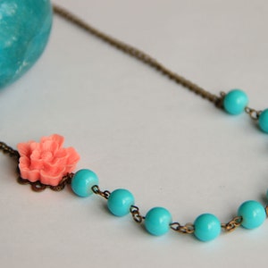 Turquoise beaded adjustable necklace with pink flower antique brass chain necklace gift for her necklace, wedding necklace, bridesmaid image 4