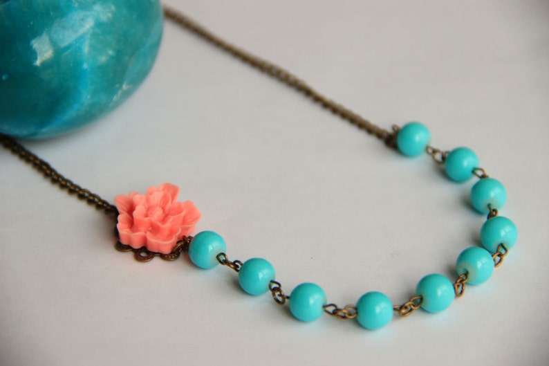 Turquoise beaded adjustable necklace with pink flower antique brass chain necklace gift for her necklace, wedding necklace, bridesmaid image 4