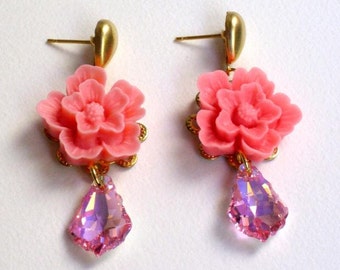 Pink colored swarovski crystal and resin flower dangle earrings, wedding, bridesmaid, christmas, vintage style, retro, romantic gifts