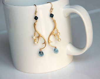 Elegant Deer Antler Earrings: Gold plated  antler earrings, with ivory colored pearls, and blue swarovski crystals gift for christmas