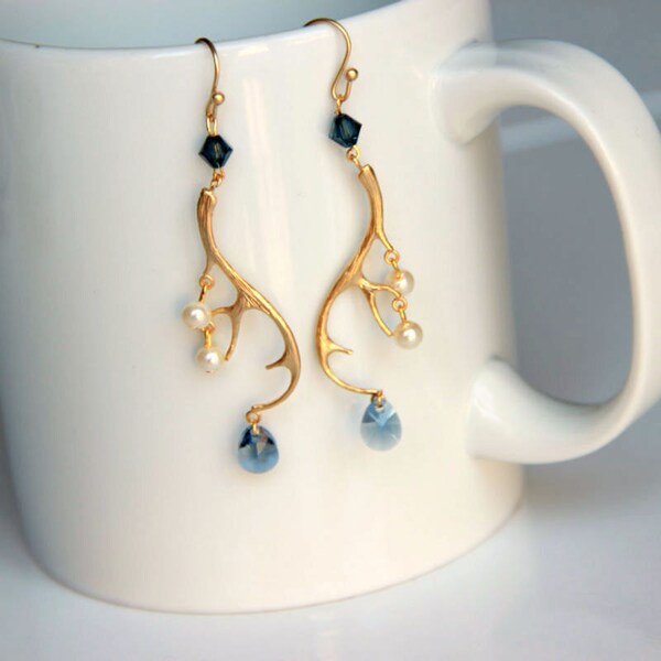 Elegant Deer Antler Earrings: Gold plated  antler earrings, with ivory colored pearls, and blue swarovski crystals gift for christmas
