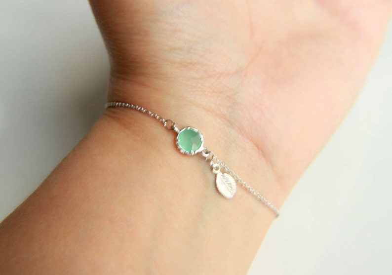 Leaf Bracelet: Rhodium plated leaf charm bracelet with ice blue faceted crystal, a perfect gift for her with minimalist style image 3