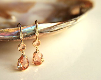 Earrings:Gold plated metal champaign colored crystals, gold plated hooks hooks gift for  wedding, valentine's mother's day