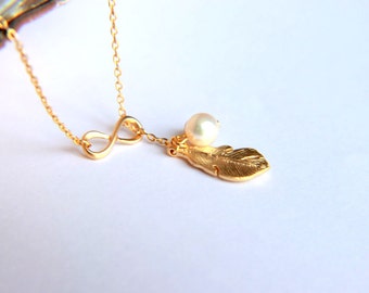 Infinity necklace,  feather necklace, pearl necklace, cullture pearl,  feather charm, gold plated infinity charm, infinity necklace