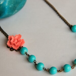 Turquoise beaded adjustable necklace with pink flower antique brass chain necklace gift for her necklace, wedding necklace, bridesmaid image 3